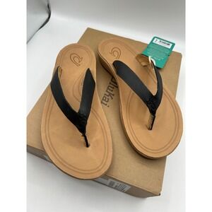 OluKai Nonohe Flip Flops,Black Leather,20440-40GS Women's Size 6, EU: 36, (NIB)
